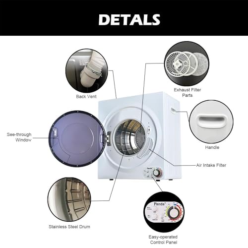 Panda Portable Dryer 3.5 cu.ft. Stainless Steel Tub 110V 1500W Compact Clothes Dryer, 13.2 lbs Load Volume 4 Drying Modes