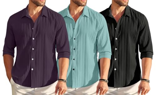 Image of FINIVO FASHION Combo of Men's Casual Cotton Plain Button Down Shirt Long Sleeve Textured Summer Beach Shirt for Men Pack of 3
