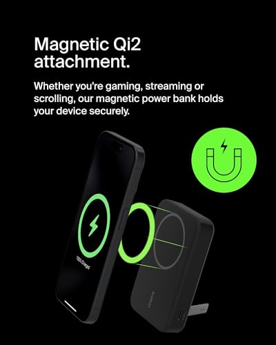 Belkin BoostCharge Pro Wireless Power Bank 10000mAh with Qi2, MagSafe Compatible Portable Charger + Built-in Pop-up Kickstand, For iPhone 17, iPhone Air, 16, 15, 14, Pixelsnap and More - Black