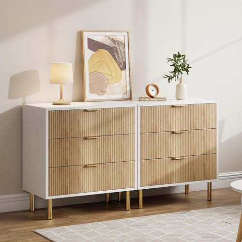 GarveeHome Natural Dresser, Modern 3 Drawer Dresser for Bedroom with Gold Handle and Large Drawer, Wood Double Chest of Drawers and Storage Organizer for Living Room, Hallway, Entryway