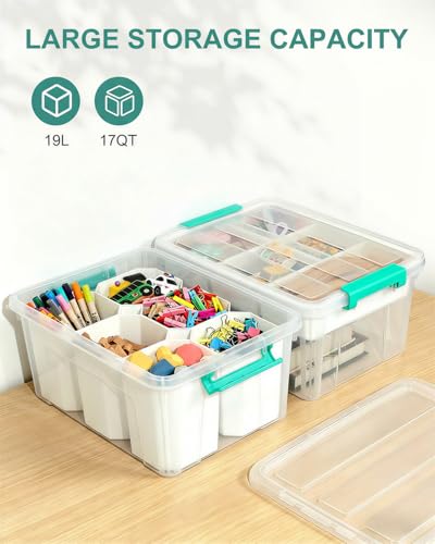 Image of EOENVIVS Clear Storage Boxes with 6 Tall Inserts, Large Plastic Organizer Box with Lid and Handles, 15.94x11.61x7.28 Inches, Multi-Functional Container for Cosmetics, Toys, School Supplies