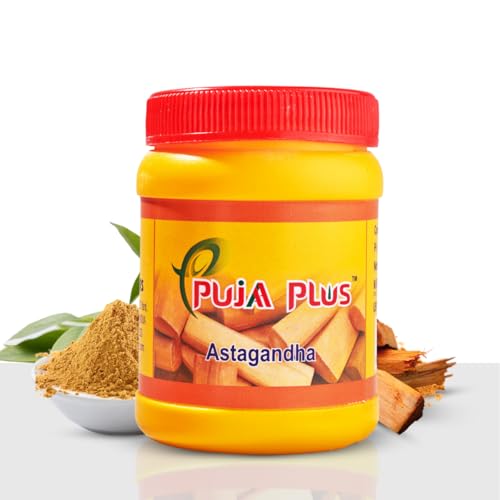 Pujaa Plus Ashtagandha Chandan Powder | Ideal for Pooja, Tilak, Hawan, Yoga Meditation & Spiritual Rituals | Long Lasting Fragrance, Cooling, Chandan Paste Tilak with Kesar (50gm)
