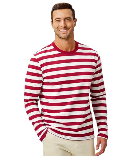Image of KESIHAN Mens Striped Long Sleeve Shirt Crewneck Casual T-Shirt Basic Stripe Cotton Spandex tee Shirt