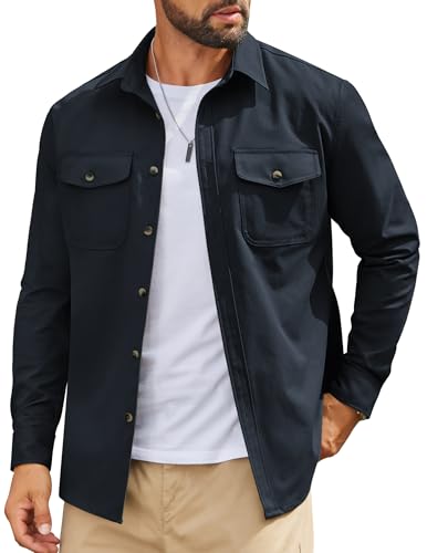 COOFANDY Mens Work Shirt Long Sleeve Mens Shacket Casual Button Down Shirts Wrinkle Free with Flap Pockets Dark Blue