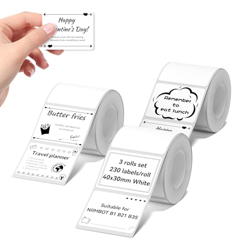 Image of NIIMBOT Labels 3 Rolls Set for B1 /B21 /B31 Sticker Printer, 40x30mm (1.57'' x 1.18'') 230 Labels /Roll, Refill Labeling Tape for Home School Office Small Business (White)