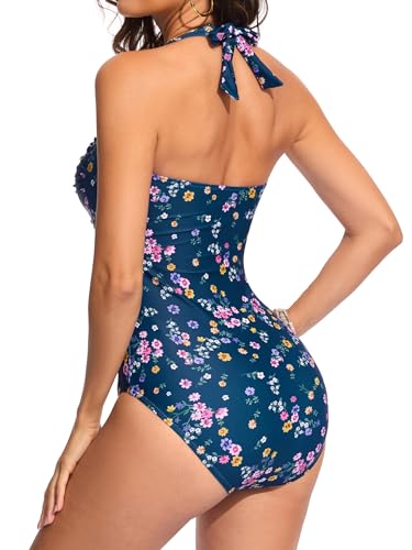 Image of Smismivo Tummy Control Swimwear Halter One Piece Slimming Vintage Retro Swimsuit Womens Ruched Push Up Bathing Suit