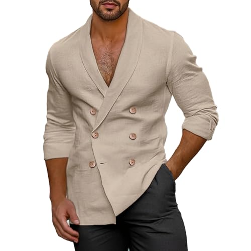 Men's Casual Double Breasted Blazer Lightweight Long Sleeve V Neck Jacket Business Slim Fit Office Wear