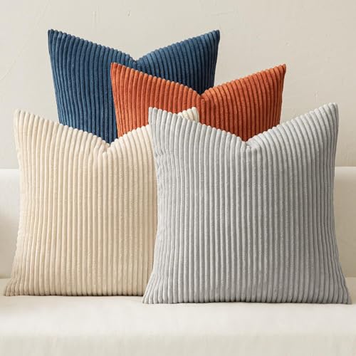 Image of MIULEE Boho Farmhouse Throw Pillow Covers 20x20 Inch Set of 4 Summer Mordern Neutral Cushion Covers Soft Corduroy Nordic Home Decor for Couch Bed Sofa Living Room Blue-Yellow