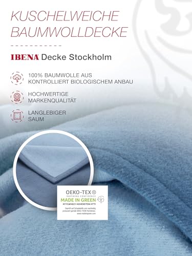 Ibena Stockholm Bio Wolldecke 140x200 cm - 100% Baumwolle, Made in Germany, Baumwolldecke blau hellblau zweifarbig