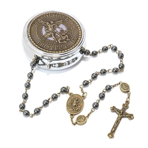 Nazareth Store Bronze St Michael Archangel Hematite Black Stone Beads Rosary Necklace with Metal Box Handmade Rosaries for Men and Women
