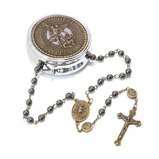 Nazareth Store Bronze St Michael Archangel Hematite Black Stone Beads Rosary Necklace with Metal Box Handmade Rosaries for Men and Women