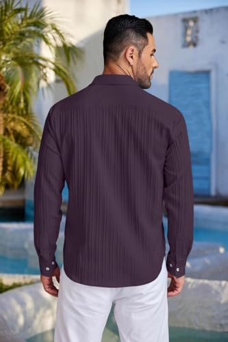 Image of FINIVO FASHION Men's Casual Cotton Polyester Blend Plain Button Down Shirt Long Sleeve Textured Summer Beach Shirt for Men