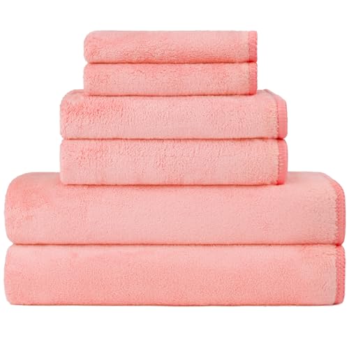 Image of Orighty 6-Piece Towel Set - Soft & Lightweight - 2 Bath Towels, 2 Hand Towels, and 2 Wash Cloths - Absorbent & Quick Drying Microfiber Towel for Multipurpose, Bathroom, Gym, Sport, Yoga, Travel - Pink