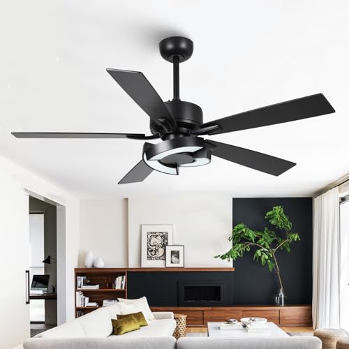 Image of Ceiling Fans with Lights and Remote - Creative Black 52 inch Ceiling Fan with Light, 3CCT, 6 Speeds, Dual-Sided Reversible 5 Blades Indoor Outdoor Modern Chandelier Fan for Bedroom Living Room