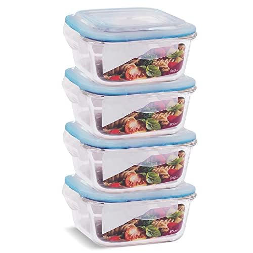 KIT 4 Potes de Vidro Quadrado com Tampa Hermética 800ml Cor:Azul (QH)
