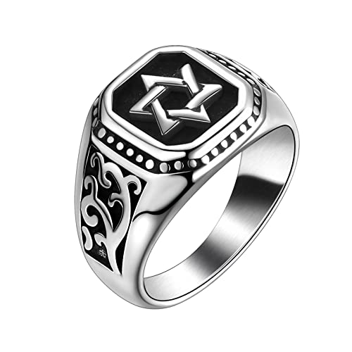 Star of David Ring for Men - Stainless Steel Talisman Seal Solomon Magen Judaic Hanukkah Band Hexagram Six-Pointed Jewish Jerusalem Black Signet Protection Amulet Rings SR0018G-12