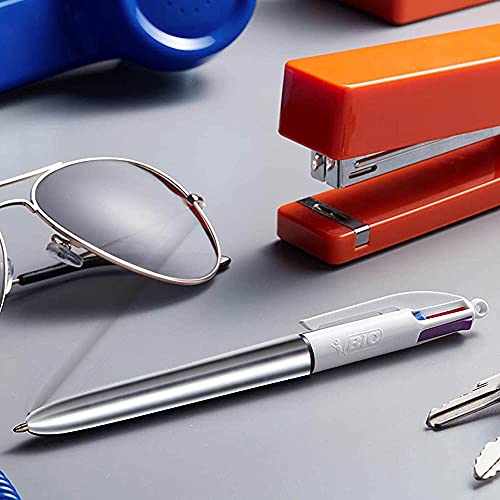 Caneta Esferográfica Retrátil BIC, 4 Cores Clássicas, Corpo Metallic Prata, Ponta Média de 1.0mm, 90