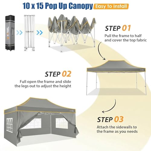 Image of Hoteel 10x15 Heavy Duty Pop Up Canopy Tent with 4 Sidewalls, Grey