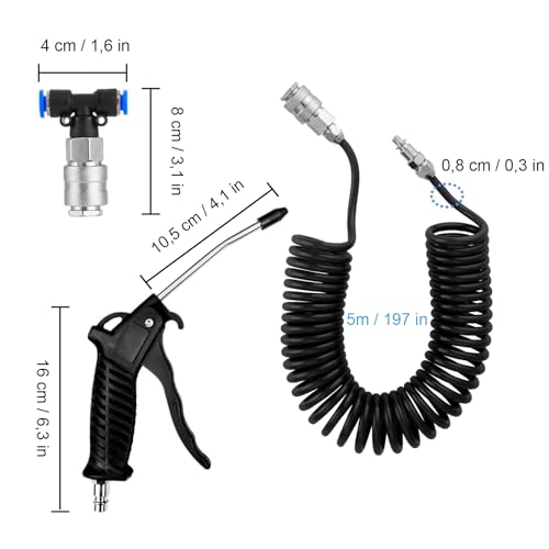 Lkw Luftpistole, Druckluftpistole mit 5M Spiralschlauch, Air Duster Blaspistole mit T Stück Schnellkupplung, für LKW Auto PKW Boot (Schwarz)