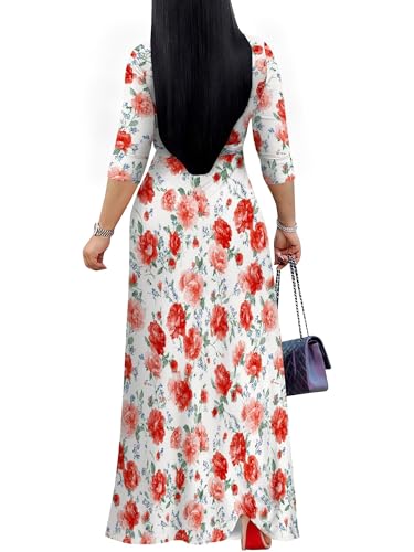 Image of Women's V Neck Floral Maxi Dress 3 /4 Sleeve Plus Size Boho Wrap Flowy Long Dresses with Belt