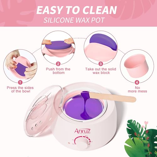 Image of Anruz Waxing Kit for Women Men, 500ML Wax Warmer Kit with Silicone Bowl, 4 Bags Hard Wax Beads and 40 Sticks, Hair Removal Wax Kit for Brazilian Bikini, Face, Eyebrow, Nose, Sensitive Skin, Pink