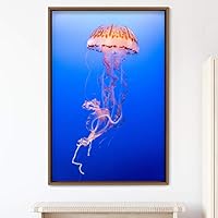 Framed Canvas Wall Art Jellyfish Bedroom Colorful Jellyfish Marine Life Multicolor Neon Photography Tropical - 16x24 inches