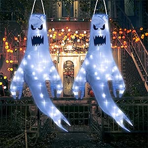 Nerosun 2 Pieces Hanging Halloween Ghost Windsocks Decorations, 43 Inch Lighted Flag Wind Socks With 40 Led Lights For Outdoor Patio Garden Yard Tree Home Party Supplies Decor, Gifts For Kids #TOP6