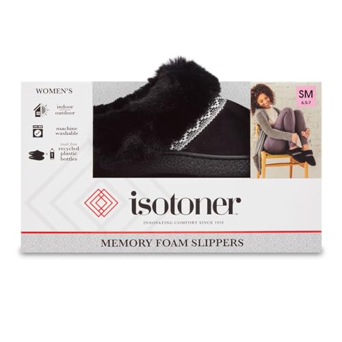 isotoner Women's Classic Comfort Hoodback Memory Foam Slippers, Slippers for Women with Durable Sole and Warmth Faux Fur Cuff - Black Large2