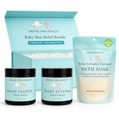 Irene Organics Baby Skincare Complete Routine Bundle – Colloidal Oatmeal Bath Soak, Eczema Relief Balm, Diaper Rash Balm &amp; for Sensitive Skin, Newborns, Infants &amp; Toddlers