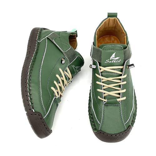 Women's Comfort Walking Shoes, Handstitched Pu Leather Ankle Boots, Green Slip-On Outdoor Flats4