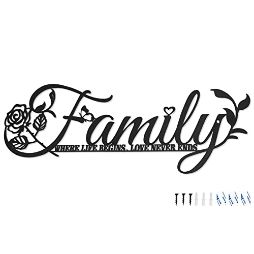Giyiprpi Letrero Familiar de Metal Negro Para Decoración de Pared, Familia Donde Comienza la Vida, el Amor Nunca Termina, Letras Familiares de Rosa 17.5x7.5 Pulgadas, Para Decor del Hogar y Pared Cover