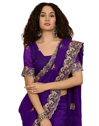 Image of SIRIL Women's Shimmer Chiffon Sequence Embroidery Saree With Unstitched Blouse Piece for Wedding and Parties