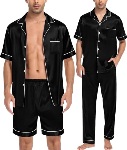 SWOMOG Mens 3pcs Pajamas Set Silk Satin Short Sleeve Sleepwear Button Down Pjs Classic Loungewear Nightwear