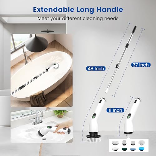 Electric Spin Scrubber, New Full-Body IPX7 Waterproof Cordless Electric Cleaning Brush with 4 Replaceable Heads, Upgraded Extension Handle, Power Scrubber for Bathtub, Tile, Floor