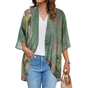 Women’s Floral Print Puff Sleeve Kimono Cardigan Loose Cover Up Casual Blouse Tops(Army Green Floral,M)