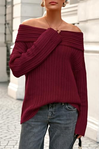 CFLONGE Women's Off The Shoulder Sweater Long Sleeve Oversized Ribbed Knit Fall Pullover Tops Winter Sexy Going Out Outfits4