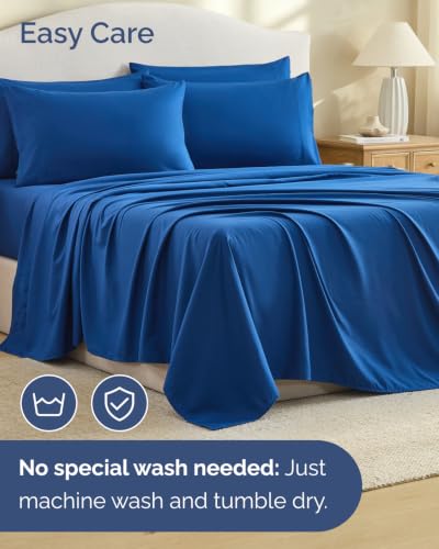 Image of King 6 Piece Bed Sheet Set - Comfy, Breathable & Cooling Sheets - Dark Blue