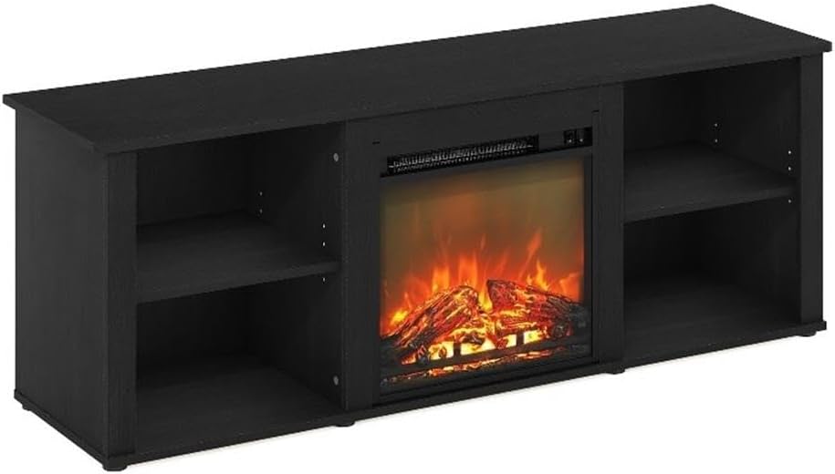Pemberly Row Contemporary 60-Inch TV Stand with Fireplace, Americano Finish, Composite Wood, Adjustable Shelves, Cable Management, Modern Living Room Furniture, Electric Heater for TVs up to 60 Inches