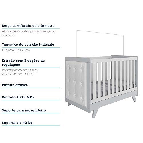 Quarto Infantil Retrô com Cômoda e Berço com Capitonê Móveis Peroba Branco/Cinza