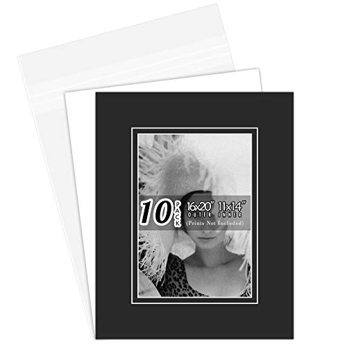 Pack of 10 16x20 Black/Black Double Mats Mattes with White Core Bevel Cut for 11x14 Photo + Backing + Bags