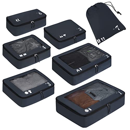 ECOHUB Kostki do pakowania do walizki 7 PCS Organizatory podróży Torby do pakowania Akcesoria podróżne Torby na buty dla podróżnych Torba do przechowywania Torby organizacyjne(Ciemnoniebieski)