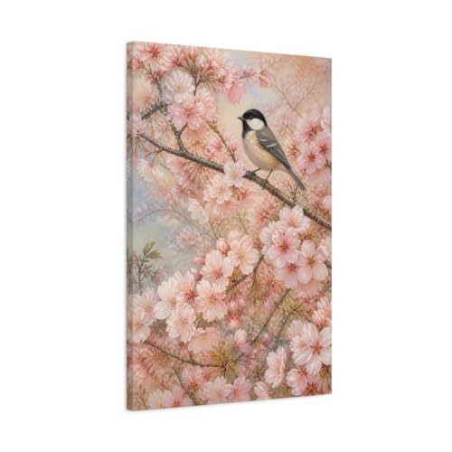 Impression sur toile oiseaux et cerisier japonais rose salon vertical 50x75