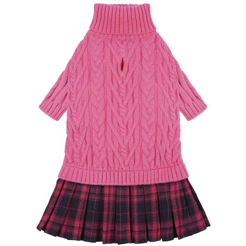 IECOii Girl Dog Sweater Dress - Cable Knit Dog Sweater for Small Dogs Girl - Pink, Medium, Turtleneck Pullover Sweaters with Tartan Plaid Skirt, Adorable Warm Dog Knitted Dress for Christmas