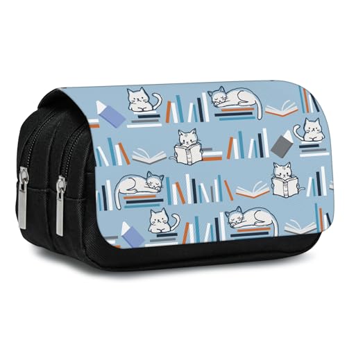 Image of Reading Cat Pencil Case - Book Lover's Large Capacity Pen Pouch, Flip Top Pencil Bag with 2 Zippered Pockets, Cute Literary Design School Supplies for Teens, Library & Study Essentials