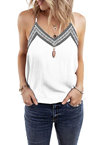 BLENCOT Women Fashion Sexy V Neck Strappy Embroidery Tank Tops Loose Casual Sleeveless