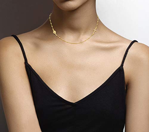 Miabella 18K Gold Over 925 Sterling Silver Italian Rosary Beaded Sideways Dainy Cross Necklace Chain for Women, Made in Italy4