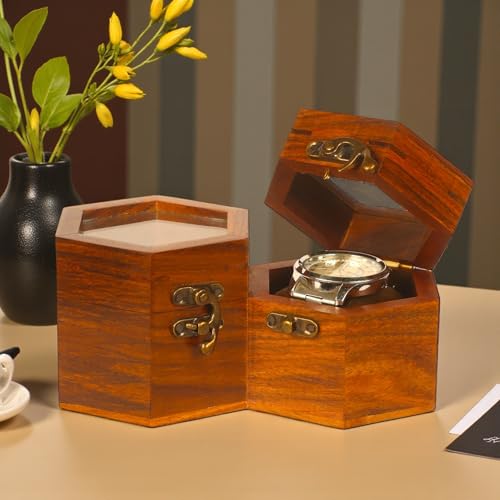 Image of Wooden Watch Storage Case With 2 Compartments, Handmade & Dustproof Organizer, Golden Brown Gift Box For Men & Women, Premium Watch Storage Box, Watch Display Box