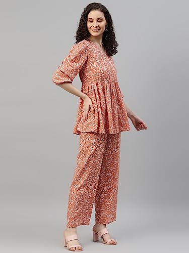 Image of DEEBACO Women's Floral Rayon Flared Tunic & Straight Pants Co-Ord Set for Women V-Neck & 3 /4 Puff Sleeve Ladies Party Casual Wear Fashionable for Girls Relaxed Fit Cord Set (Orange)
