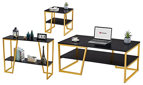 WOHOMO Black Gold Coffee Table Set of 3 for Living Room, Coffee Table Console Table and End Table for Living Room, Industrial Black Wooden Top and Modern Gold T Coffee Table Base Metal Legs