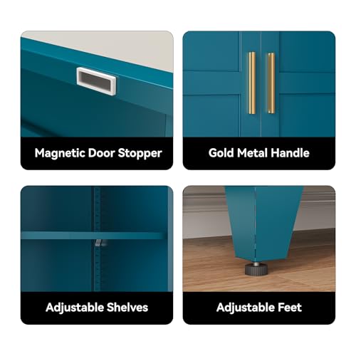 Image of COFaR 61 inch Metal Pantry Cabinet in Peacock Blue, Farmhouse Storage Cabinet with Adjustable Shelves, Sturdy Freestanding Cupboard for Kitchen Organization, Bathroom & Living Room